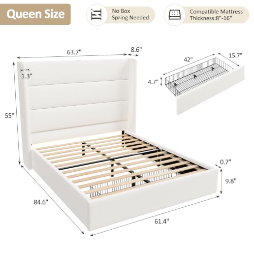 Queen Size Bed Frame with Large Storage Drawer and 55 Tall Wingback Headboard - Image 2