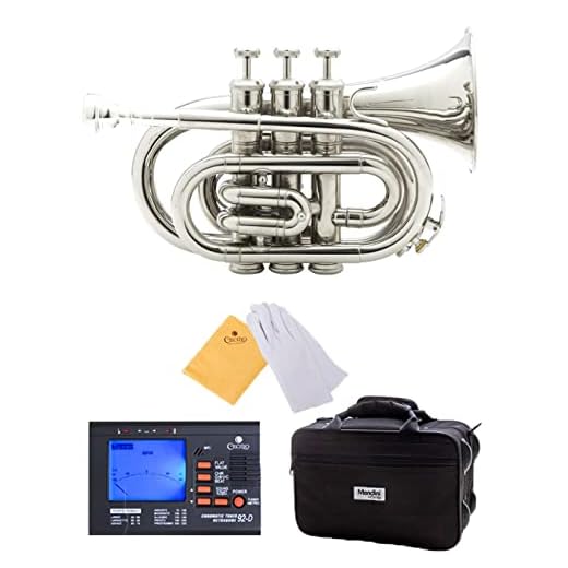 Mendini MPT Brass Bb Pocket Trumpet + Tuner, Case, Mouthpiece, More (Nickel Plated)