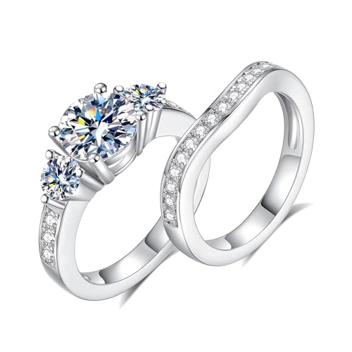 Moissanite Wedding Ring Set Round Cut D Color VVS1 Wedding Rings for Women S925 Sterling Silver with 18K White Gold Plated Promise Engagement Rings for Women