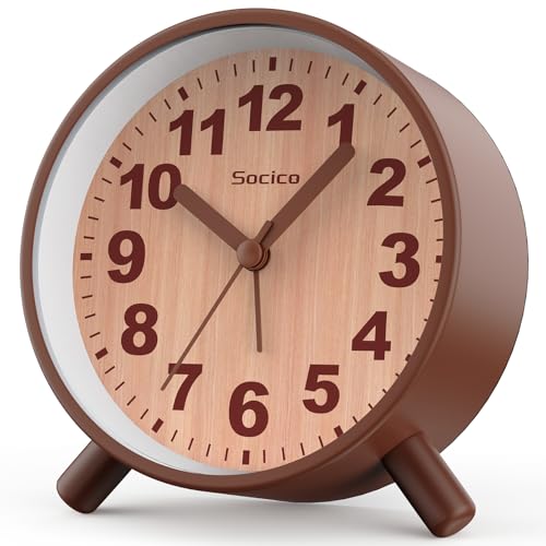 SOCICO Relógio despertador analógico, redondo, retro, de metal, funciona a pilhas, com luz noturna e função de repetição, para escritório, quarto, viagem, presente para crianças e adultos (castanho)