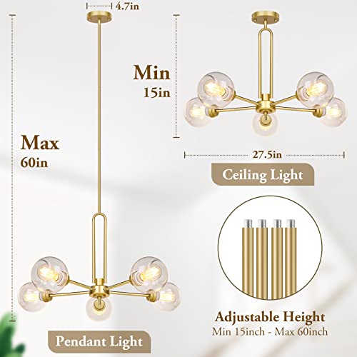 Yolsunes Globe Chandelier Pendant Lighting, Gold Modern Large Semi-Flush Ceiling Light Fixture With Clear Glass thumb #3