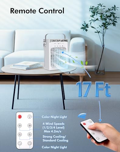 Portable Air Conditioners, Air Cooler Evaporative Personal Mini AC with Remoter, 4 Wind Speed, 2-4-6H Timer, 2 Modes, Colorful Night Light, Portable AC for Room, Car, Bedroom, Office, Outdoor