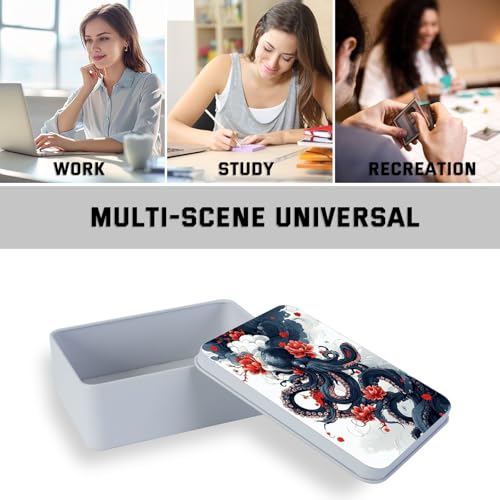 Image of Metal Tin Box with Lid for Game Cards Home Organizer Candles Keys Crafts Storage - Equipped with 4 Magnetic Cord Clips，Octopus and Red Flower