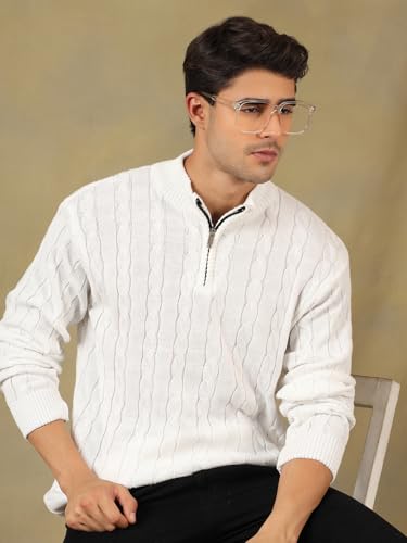 Image of Kvetoo Men's Wool High Neck Zipper Sweater, Full Sleeve Cable Knit Quarter Zip Winter Pullover