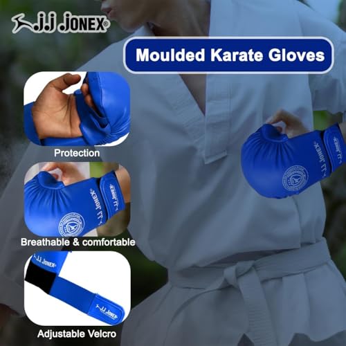 Image of Jonex JJ Moulded Karate Glove, Punching Bag Gloves for Training, Foam Padding, Elastic Hook & Loop Wrap Around Strap, Gloves for Better Protection | PU Shell | Foam Padding | Blue |
