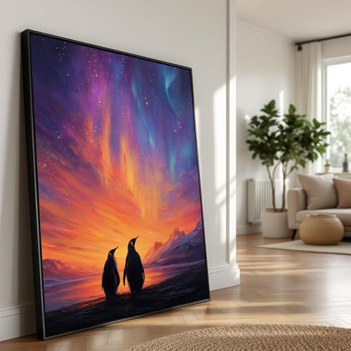 Lienzo de paisaje nórdico con pingüinos para dar calidez al salón con su cielo colorido