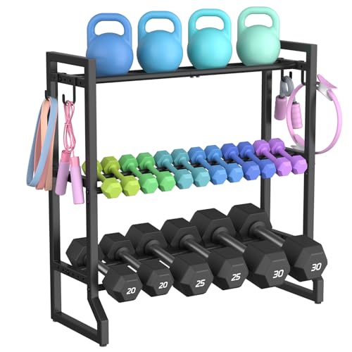VOPEAK 3-Tier Adjustable Dumbbell Rack, 31-Inch Weight Rack for Home Gym with 4 Hooks, Home Gym Storage for Kettlebells, Space-Saving Dumbbell Stand - 400LB Capacity (Rack Only)