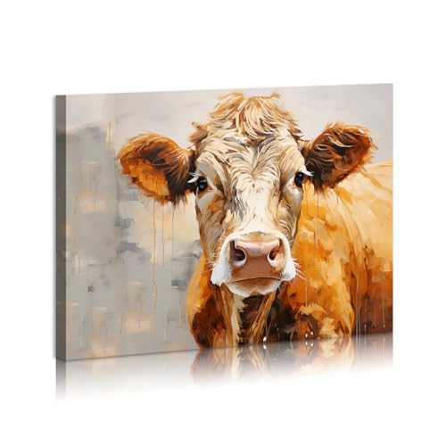 Cow Pictures Wall Decor Cow Oil Painting Art Western Cow Decor Rustic Wall Art Country Cow Decor Framed Artwork for Living Room Bathroom Bedroom Home Decorations 12x16inches