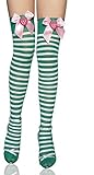 JJ-GOGO Women’s Stripe Thigh Highs with Strawberry Pink Ribbon Accents（Green）