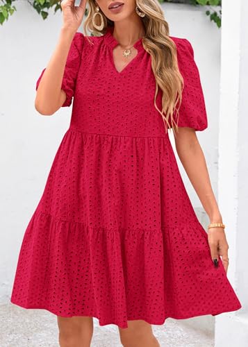 KIRUNDO Eyelet Summer Dresses for Women 2025 Mini Casual Hollow Out Short Sleeve Lace Tiered V Neck Shift Dress Pockets4