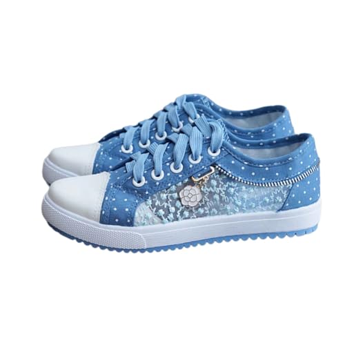 Women's Polka Dot Lace-Up Denim Mesh Sneakers | Casual Flat Canvas Shoes - Breathable Comfort for Everyday Wear