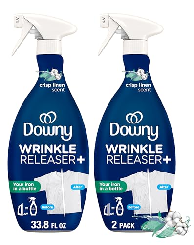Downy Wrinkle Releaser Spray, All In One Wrinkle Release Spray, Odor Eliminator, Static Remover Fabric Refresher & Ironing Aid for Clothes 33.8 Fl Oz (Pack of 2), Crisp Linen Scent