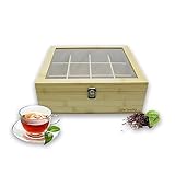 DE'VELO Tea Box Organizer, Premium Bamboo Tea Bag Storage Box with 12 Compartments, Storage Bin for Kitchen Cabinets, Countertops, Pantry