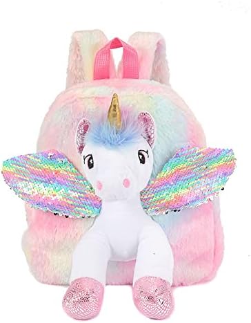 Cute Plush Unicorn Backpack,Fluffy Mini Unicorn Backpack Bags for Girls Female Travel Plush Soft Rainbow Schoolbag (Pink Handbags)