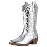  VAN HILL Damen Stiefel Cowboystiefel Schuhe Stickereien Boots Freizeitschuhe Spitze Western Freizeitstiefel 210047 Silber 37