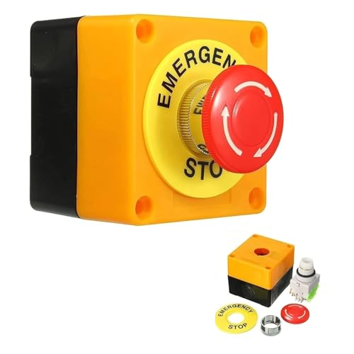 Interruptor de Botón de Presión para Parada de Emergencia, Seta Pulsador Emergencia, Botón para Emergencia, Instalación orificio de apertura 22 mm, NO + 1 NC DPST | 660V 10A