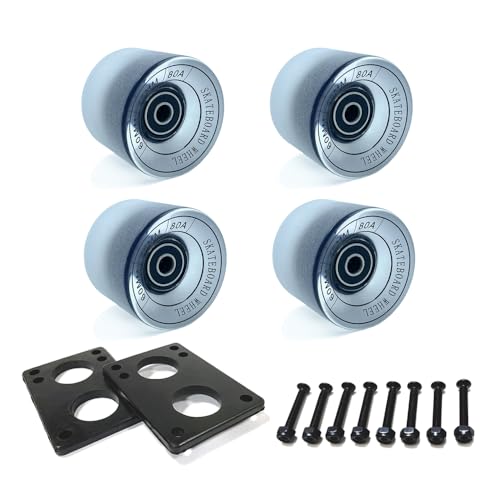 LOOEEL 60mm Longboard Wheels 80A Contains ABEC-9 Bearings and Spacers Skateboard Riser Pads Skateboard Hardware Screws Bolts fit for Your Longboard Skateboards.-Transparent frosted