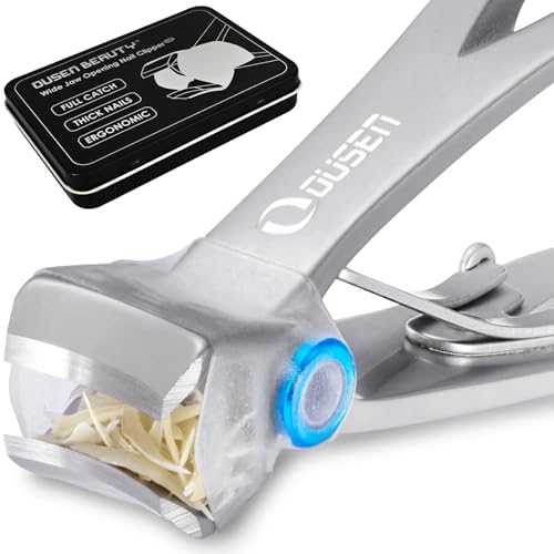 Ousen Beauty Nail Clippers with Catcher - Anti Splash Wide Jaw Opening Thick Toenail Clippers for Seniors | Self-Collecting Fingernail Cutter Heavy Duty Toe Nail Clippers for Men & Women | Silver | L