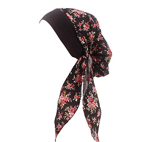 Ever Fairy Vintage Elastic Wide Band Cotton Multifunction Hair Loss Wrap Print Bonnet Chemo Women Head Scarf Turbans Night Sleep Hat Cap (Black)