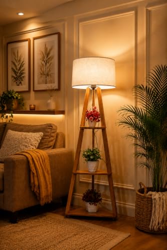 Image of Wooden Tripod Floor Lamp with 3 Shelves Modern Standing Lamp with Fabric Shade Decorative Shelf Floor Lamp for Living Room Bedroom & Home Decor Modern Standing Lamp for Living Room,Bedroom (White)