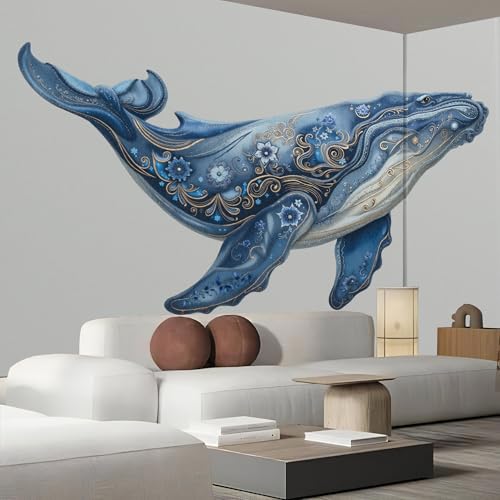 Papier peint panoramique 3D baleines aquarelle soie 300x210 cm - 4