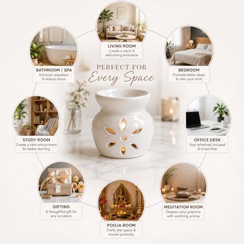 Image of BRAHMZ Ceramic Oil Burner Set of 4 with 4 Tea Light Candles and Rose Oil - Aroma Diffuser for Essential Oils, Aromatherapy, Home Fragrance, Meditation & Spa (Rose+Camphor)