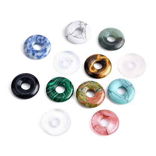 BENECREAT 12Pcs Donut Disc Natural Stone Pendants 12 Mixed Color Gemstone Donut Charms Flat Round Donut Stone Beads(18x4.5mm) Hole: 5.5mm Pendants for Jewelry Making - Image 4