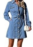 utcoco Womens Denim Dress 2025 Casual Long Sleeve Button Down Distressed Belted Jean Dress with Pockets (Medium, Light Blue)