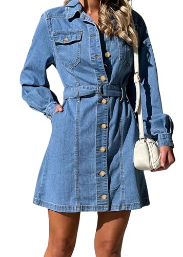 utcoco Womens Denim Dress 2025 Casual Long Sleeve Button Down Distressed Belted Jean Dress with Pockets