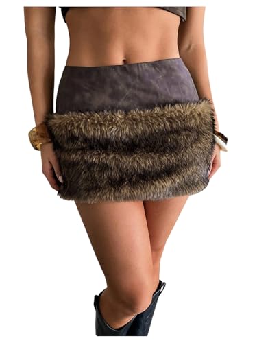 MakeMeChic Women's PU Leather Fuzzy Mini Skirt Low Waisted Faux Fur Bodycon Y2K Skirts