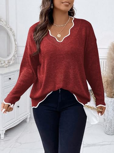 Image of MakeMeChic Women's Plus Size Scalloped Trim Cozy Sweater Cute Pullover | V Neck, Long Sleeve, Oversized, Comfy, Light, Fall Sweaters
