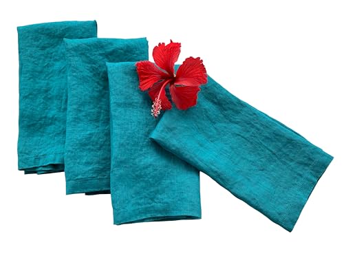 Linen Napkins –100% French Flax – Stonewashed Pure Linen Cloth Napkins - Size 18 Inch x 18 Inch – Set of 4, Tropics (Tropical Teal)