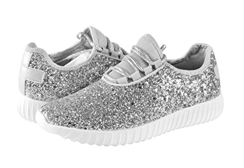 ROXY ROSE Women Fashion Jogger Sneaker - Lightweight Glitter Quilted Lace Up Shoes & Elastic Tongue, Silver, 11-11.5 - Image 4