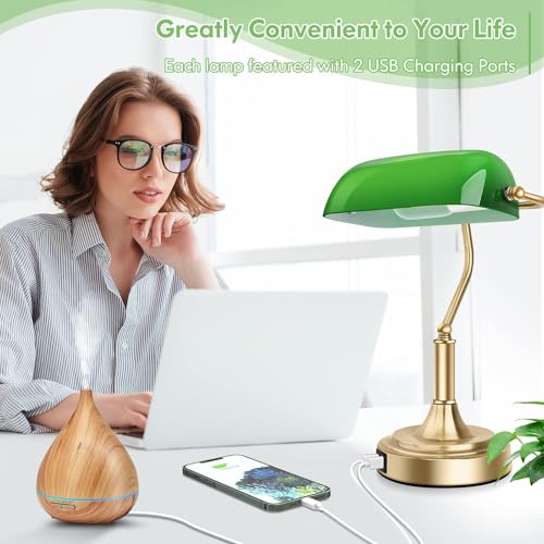 Bankers Lamp with 2 USB Ports, Touch Control Green Glass Desk Lamp with Brass Base, 3-Way Dimmable Vintage Desk Lamp for Home Office Workplace Nightstand Bedroom Library Piano, LED Bulb Included