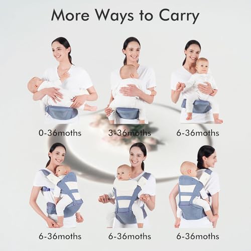 Bellababy Babytrage, All-In-One Babytrage für Neugeborene ab Geburt, Babys & Kleinkinder (0-36Monate), verstellbarer Sitz, Baby-Tragetasche 3 Trage Positionen(Grau) – Bild 7
