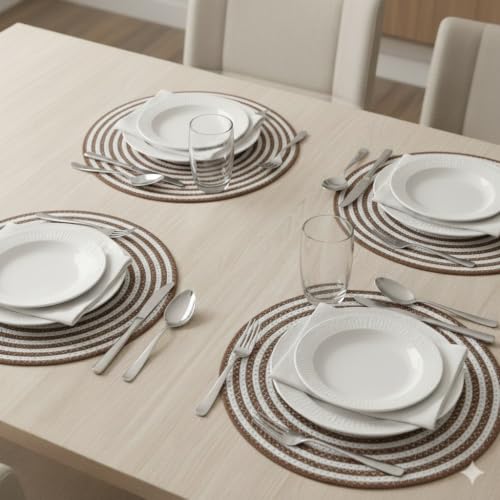 Image of Cotton Rope Placemats, Round Red with White Border, Set of 4, Heat Resistant Table Mats (Coffe and Beige)