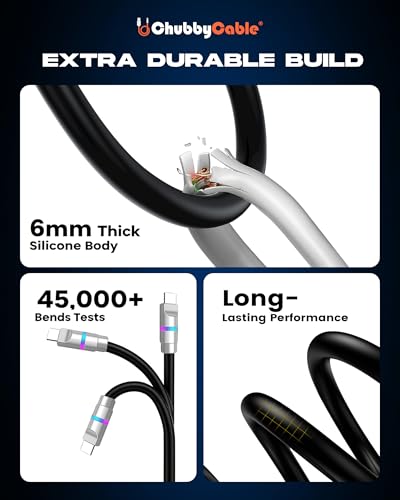Image of chubbycable 100W USB A to C Charge Cable with LED Light, Black, 1.64 FT | 45,000+ Bend Tested, 480Mbps Data Transfer, E-Marker Safety Chip, 6mm Extra Thick, Tangle-Free Design