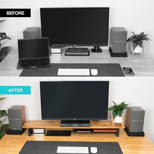 Image of COREMINDED Solid Wood Dual Monitor Stand Riser, 42 Inch Oak Desk Shelf | Fits 2 Monitors, Sturdy & Stable Solid Wood, Under Monitor Keyboard Storage, Office Desktop Organizer, Easy Assembly, Oak