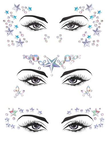 Wosois 3 peças de adesivos de rosto de estrela cristal joias de strass prata rave festa acessórios p