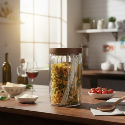 Deconox Akasya Kapaklı Çizgili Cam Kavanoz (750 ml) | Hava Geçirmez, Modern Fitilli Tasarım Gıda Saklama Kabı | Bakliyat, Kahve, Çay ve Kuruyemiş Kavanozu (9x15 cm) - Görsel 6