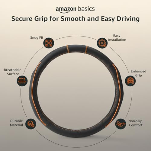 Image of Amazon Basics Leather Steering Wheel Cover (Medium - 38 cm) | Breathable, Non-Slip Polyvinyl Grip with Sporty Black Stitching & Easy Installation (Black and Orange)