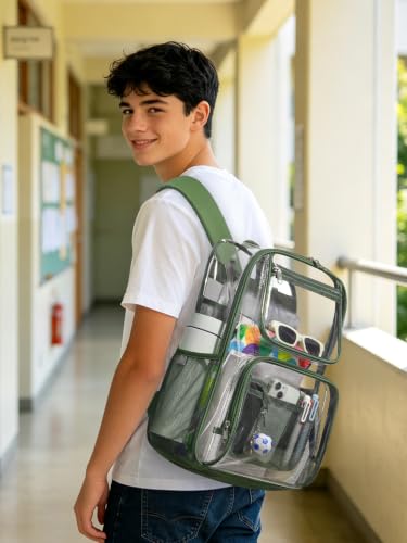 Image of Heavy Duty Clear Backpack For Kids Women Men Boys Girls, 17 Inch See Through Backpack, Large Clear Bookbag, Transparent Bag For School College Sport Work Travel, Olive Green