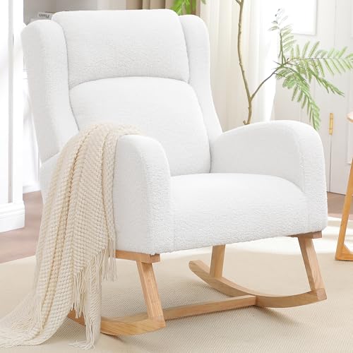 Image of HCHAIRH Rocking Chair Nursery, Nursing Rocking Chairs for Mom Nursery, Comfy Wingback Glider Rocking Armchair with Side Pocket for Nursery Living Room Bedroom, Teddy White