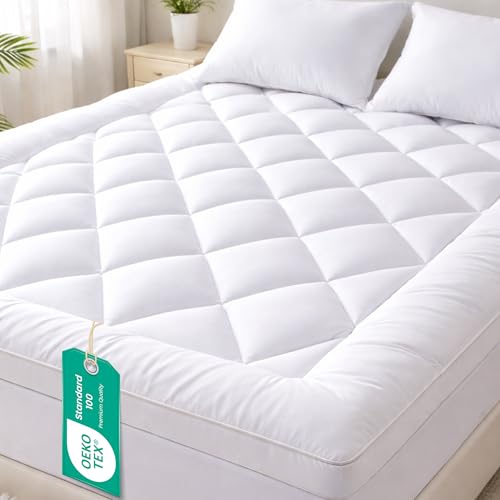 Linens World Mattress Topper Single Bed 10cm Thick White Quilted Super Soft Microfiber Topper 1200GSM Hollow Fiber Fill Breathable Washable with Strong Elastic Straps for Extra Comfort (90 ×190cm)