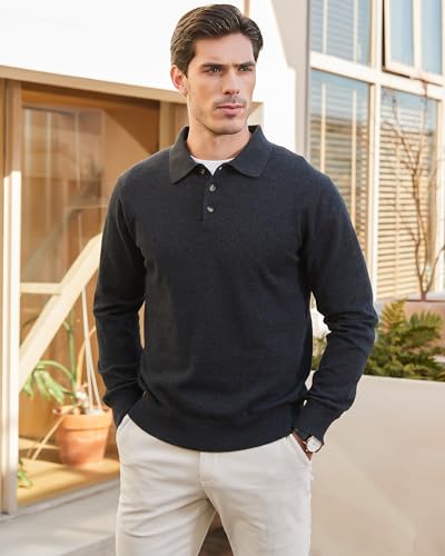 Image of Kallspin Mens 100% Cotton Polo Sweater Long Sleeve Button Down Knit Pullover Relaxed Fit Collared Casual Tops