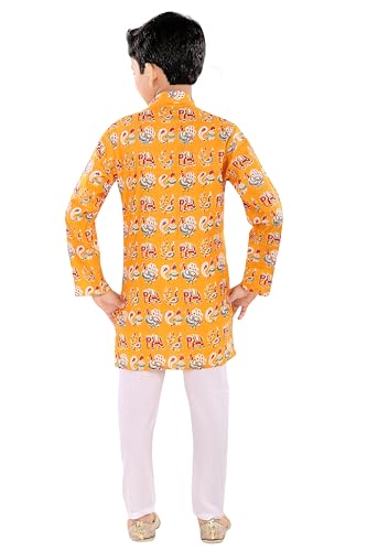 Image of TinySteps Boys Cotton Kurta Pajama | Traditional Ethnic Wear Pure Cotton Printed Kurta With Elastic Waist White Pajama