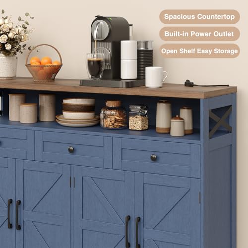 Image of 51 inch Blue Buffet Sideboard Cabinet, Farmhouse Storage Cabinet Kitchen Pantry | with Shelf and Drawers, Wood Cupboard Hutch Cabinet, Coffee Bar Station Table for Kitchen, Living Room, Dining Room