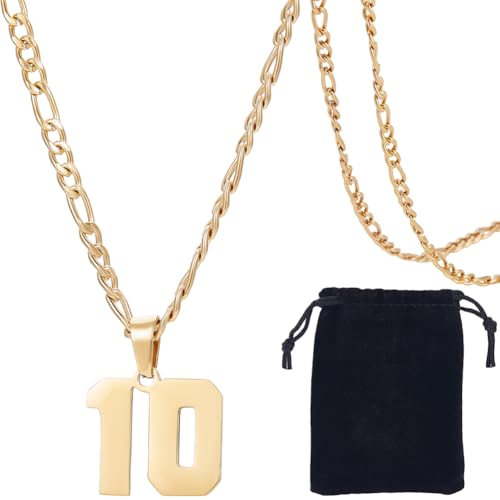 Beebeecraft 1 Caja Número 10 Collar Personalizado Número Colgante 304 Cadena Figaro de Oro de Acero Inoxidable Collares con Números de Atletas Deportivos para Hombres Mujeres Béisbol Fútbol Equipo