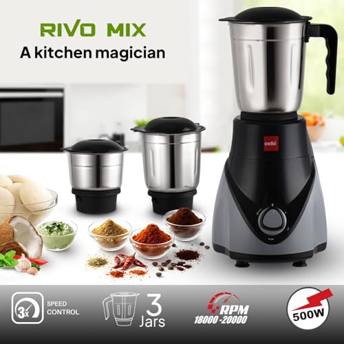 Image of CELLO Rivo Mix 3 Jar ISI Certified Mixer Grinder 500 Watts, Black Grey | 1 x 1200ml, 1 x 800ml, 1 x 400ml Stainless Steel Jars with Lid, Super Efficient SS Blades | 2 Years Manufacturing Warranty