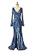 UZN V Neck Long Sleeve Prom Dress Silver Long with Slit Sequin Glitter Backless Ruched for Women Evening Formal Party Gowns US8
